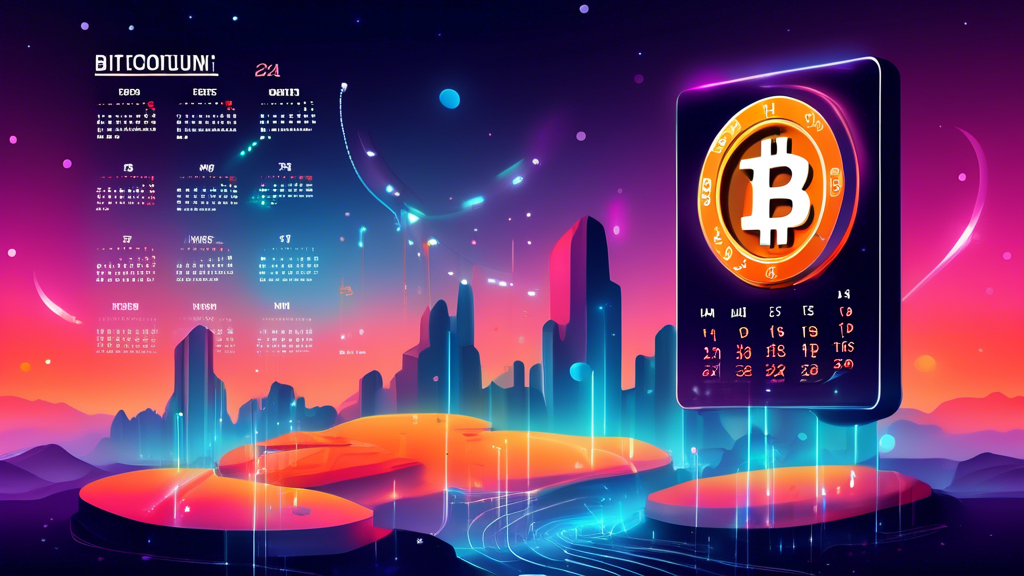 An illustration of a calendar with key dates marked and shining Bitcoin symbols, with a digital countdown clock above, set against a futuristic digital landscape.