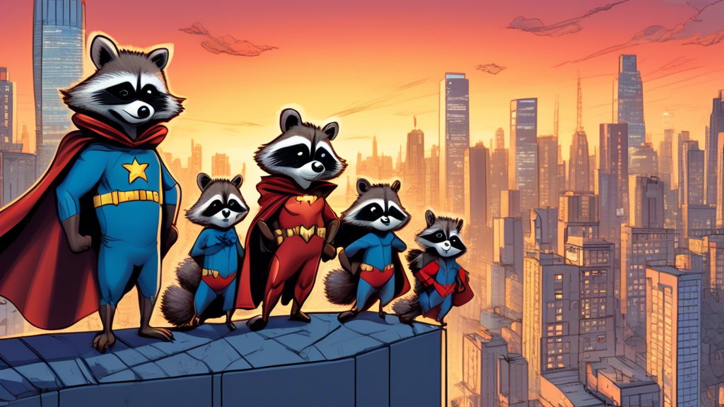 A panoramic cityscape at dusk with a group of cartoon raccoons wearing superhero capes, standing heroically on a skyscraper's edge, overlooking the city.