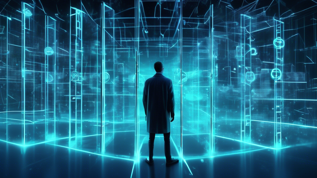 Digital artwork of Sam Bankman-Fried behind transparent futuristic digital bars with faint cryptocurrency symbols in the background, symbolizing a 25-year sentence for FTX fraud.