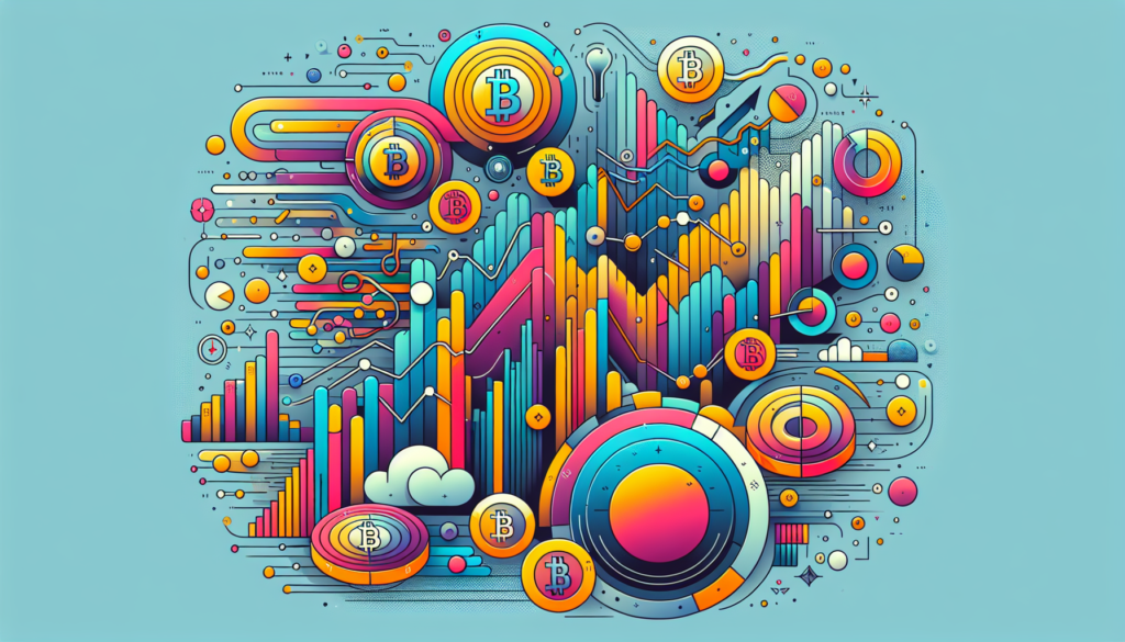 Create a modern and colorful abstract illustration that visualizes the MVRV metric in the context of Bitcoin. The image should include symbolic representations of market value, realized value, their relationship, and fluctuation patterns over time. It should also depict the implication of different MVRV ratios on the market in an easy-to-understand and visually appealing way. No words should be included in the image.