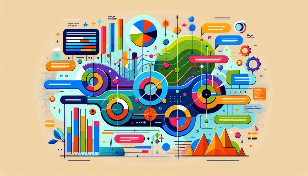 A modern, colorful, and purely illustrative guide to understanding the Mayer Multiple concept. The image should contain various elements such as line graphs presenting the trend of Mayer Multiple over time, pie charts that divide the Mayer Multiple into segments to show varying influence factors, and bar graphs that demonstrate the performance outcome. The visual should incorporate vibrant colors for differentiation and easy readability. No text should be included in the depiction, making the concept understandable purely through visuals.