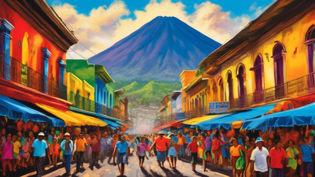 Impressionist modern image of a volcano overlooking a vibrant market