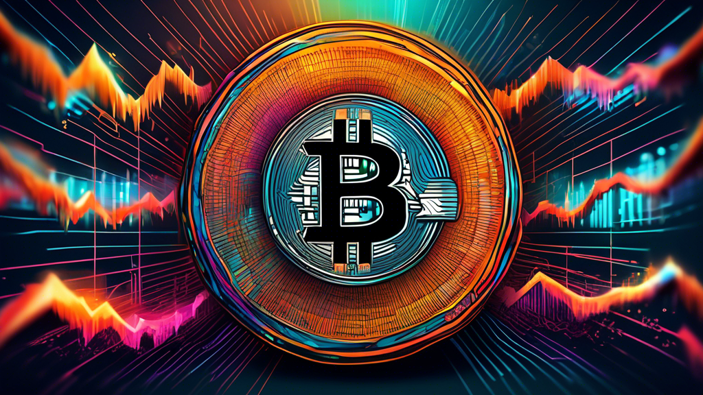 Create a detailed digital illustration of a dynamic and colorful 6-month performance chart of Bitcoin (BTC), showcasing significant fluctuations, placed prominently in the center, with digital currency symbols and blockchain elements artistically surrounding it.