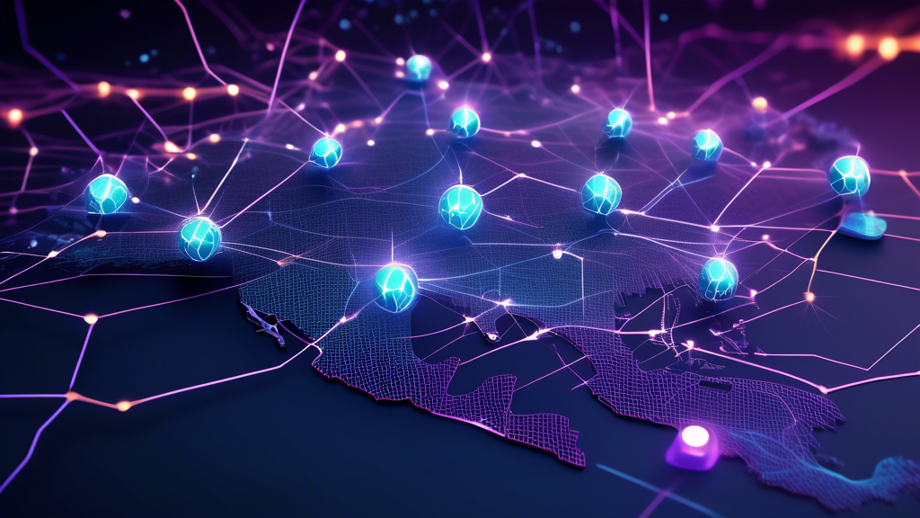 An infographic displaying key statistics and trends of the Lightning Network in a futuristic digital landscape, with charts, glowing nodes, and electrical lightning connecting points across a global map.