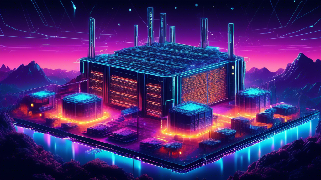 An intricate digital art piece showcasing a futuristic Bitfarms cryptocurrency mining facility, glowing with neon lights and packed with advanced technology, set against a backdrop of the night sky just moments before a celestial event symbolizing the Bitcoin halving.