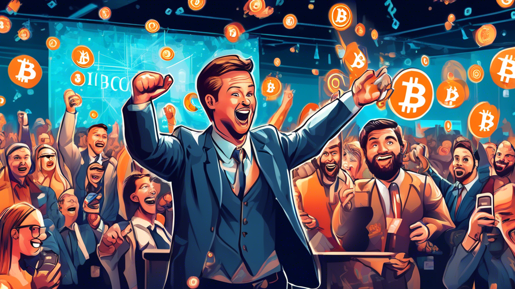 An excited crowd at an auction, with 'Bitcoin Sign Guy' holding up the iconic 'Buy Bitcoin' sign from 2017, surrounded by futuristic digital elements and cryptocurrency symbols.