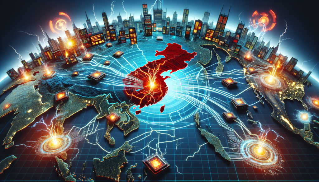 A visual representation of the impact of a 7.5 magnitude earthquake in Taiwan on the global supply chain of electronic chips. The image should depict Taiwan's geography, highlighted earthquake zones, followed by broken supply chain links represented as digital lines or threads connecting various parts of a global map. Frustrated electronics companies across the continents are represented by lighted buildings with tiny visuals indicating turmoil, such as spinning gears, lightning bolts, or similar. Use a modern and colorful aesthetic.