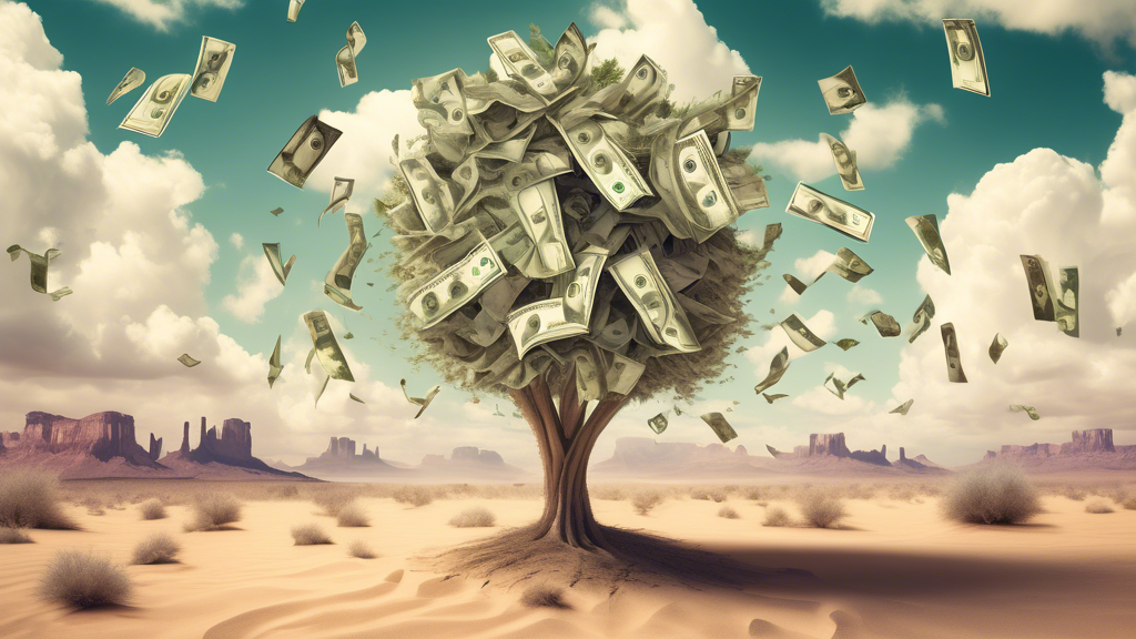 A surreal image of a cash tree growing in a desert under a sky filled with dollar-sign-shaped clouds, highlighting the theme 'It's About The Money.'