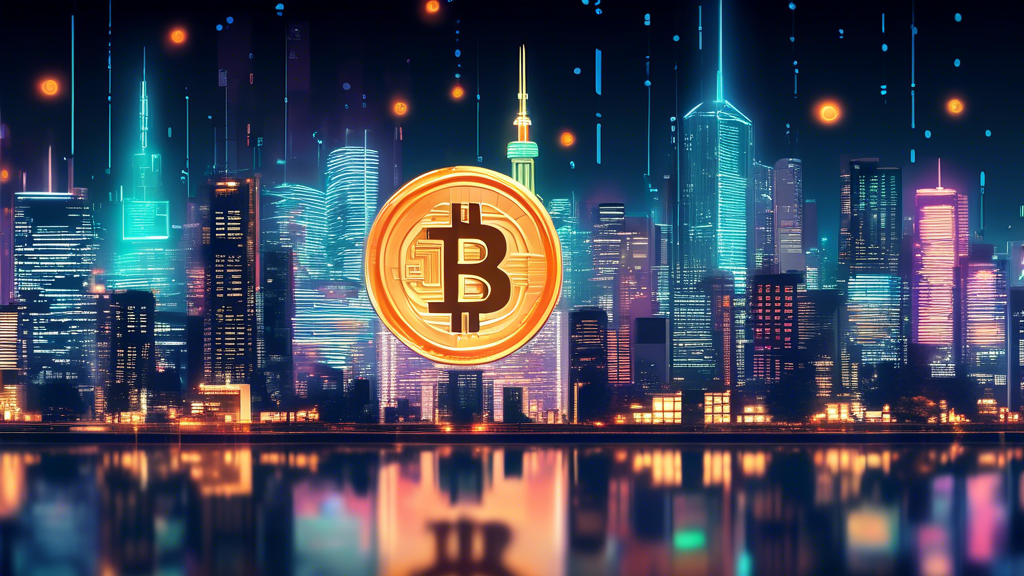 Digital illustration of a futuristic Tokyo skyline at night with a prominent building displaying a glowing Bitcoin logo, while holographic charts showing Bitcoin's price ascend over the city.