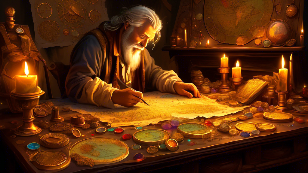 Create a digital painting of an ancient cartographer surrounded by scrolls and quills, meticulously converting a treasure map into a detailed price chart, with golden coins and gemstones marking significant data points, under the warm glow of candlelight.