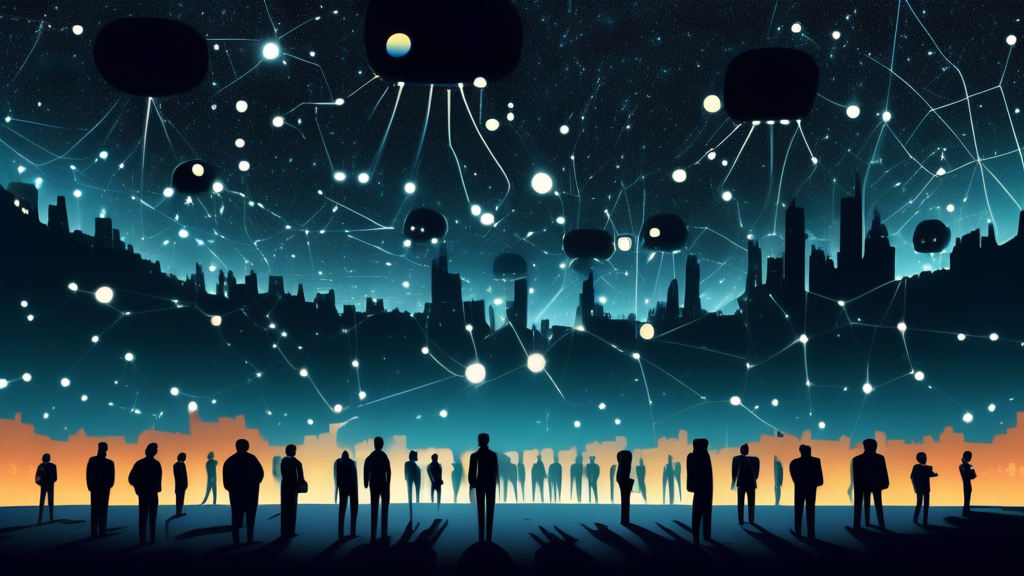 A futuristic digital landscape illustrating a bustling online forum where a single figure stands illuminated, representing the 1% actively contributing, surrounded by a vast crowd of shadowy figures embodying the 99% of lurkers, all under a glowing rule-shaped constellation in the night sky.