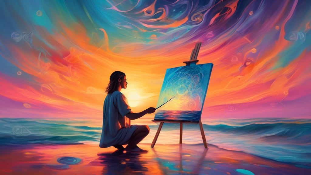 a serene, focused artist painting on a vast canvas by the ocean at sunset, encapsulated in a glowing aura representing a deep flow state, with abstract symbols of time and creativity floating around.