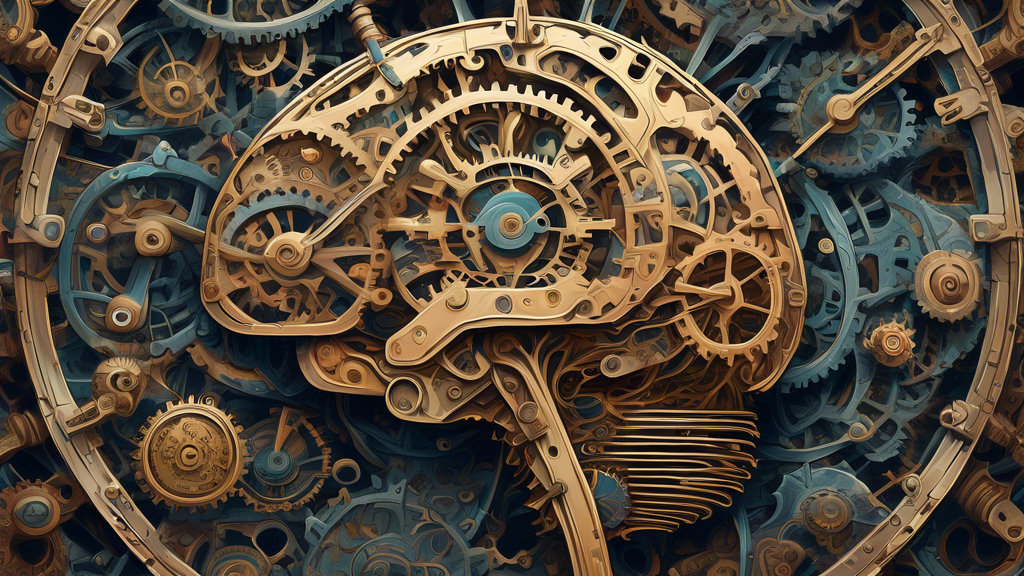 An intricately detailed digital painting of a human brain made up of hundreds of swirling gears and clock faces, each representing a different task, with some gears smoothly transitioning between tasks while others abruptly stop and redirect, symbolizing the concept of context switching.