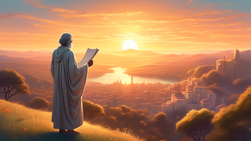 An ancient philosopher standing on a serene hilltop at sunset, overlooking a flourishing city, holding a scroll that symbolizes eudaimonia, with an ethereal glow highlighting the harmony between humanity and nature.