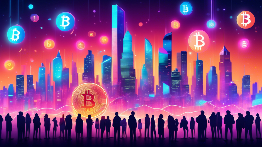 Digital illustration of a futuristic city skyline with glowing Bitcoin symbols, representing the economic growth following the 2024 Bitcoin halving, with a diverse group of people from all around the world looking up in awe and analyzing the potential impacts through holographic screens displaying various financial charts and graphs.