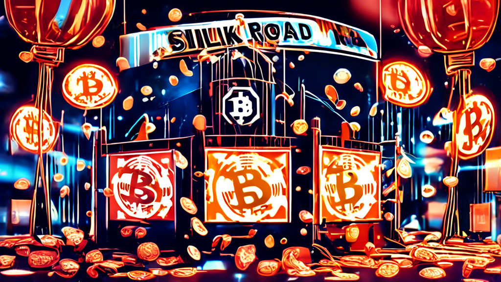 A digital rendering of a futuristic government auction house selling sparkling Bitcoin symbols, with the Silk Road logo in the background, under a banner reading ‘$2 Billion Sale’.