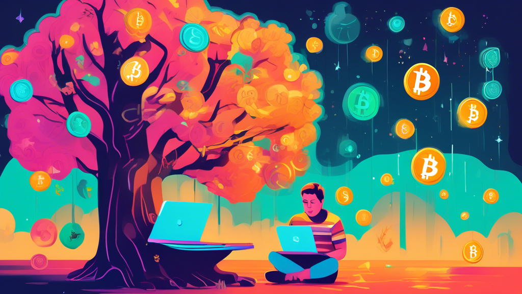 Illustration of a person sitting under a tree with a laptop, learning about Sats Per Dollar with animated Bitcoin and dollar symbols floating around, in a whimsical, inviting, and colorful style.