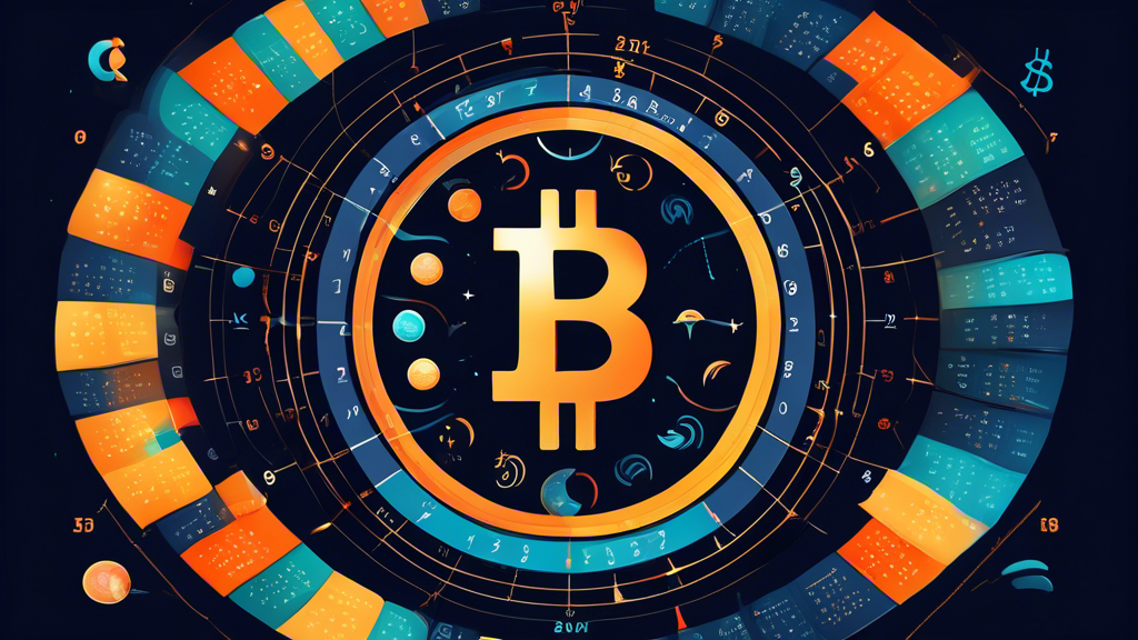 Visualize a stylized calendar representing a cycle, with the Bitcoin logo prominently placed in the center, surrounded by various phases of the moon, financial charts and symbols in a circular arrangement to symbolize the 60-day cycle.