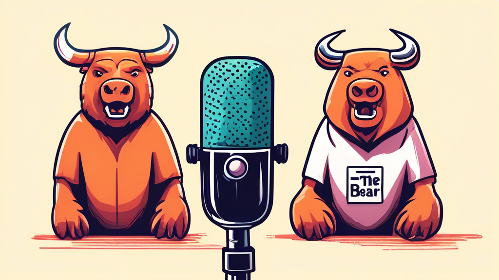 A podcast microphone with a cartoon bull and bear on either side, with the words The Intentional Investor above it