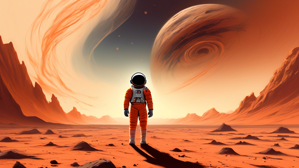 ## DALL-E Prompt: A lone astronaut stands on a desolate, rocky Martian landscape, gazing at a swirling dust devil in the distance. The astronaut's helmet reflects a distorted image of the barren envi